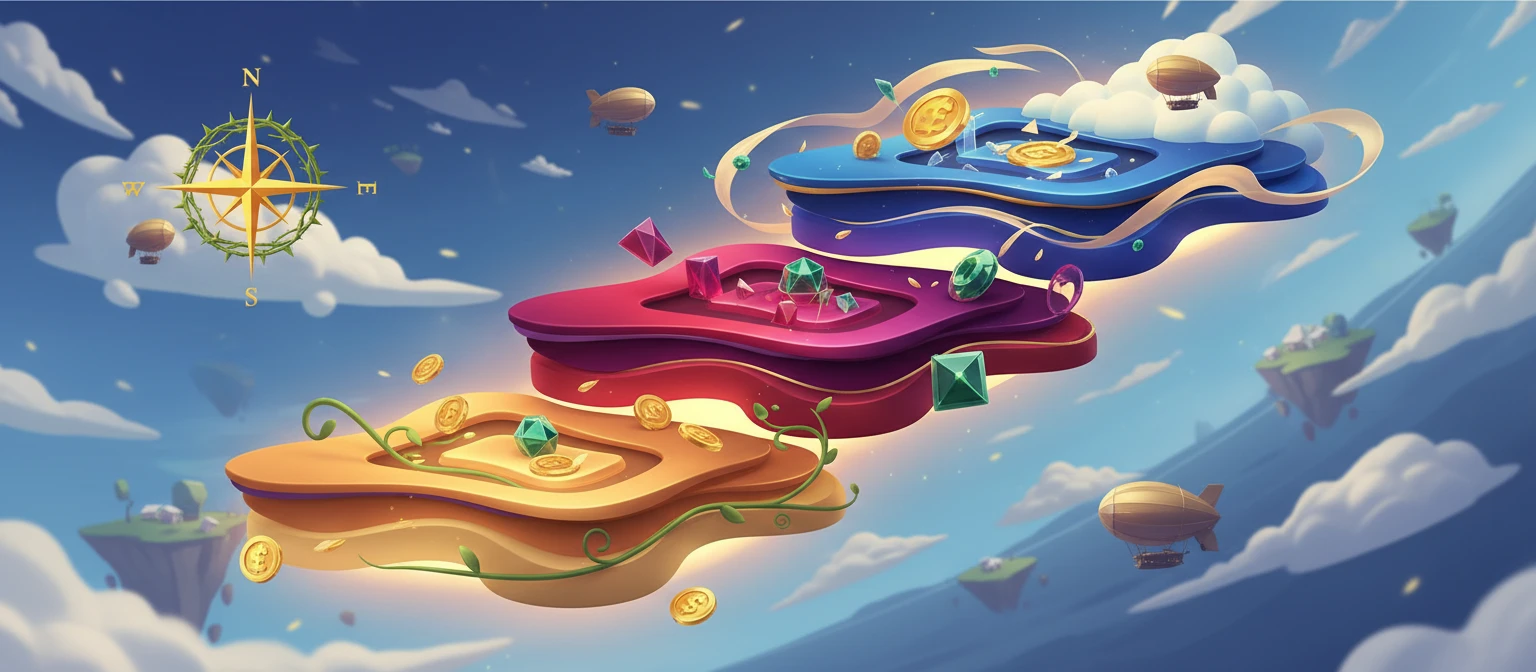 Concept art of three ascending cabin classes representing free-spin tiers